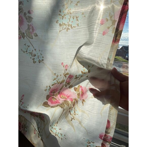 Vintage 60s curtain, pink, blue and tan flowers, leaves, single sheer panel - Picture 3 of 10